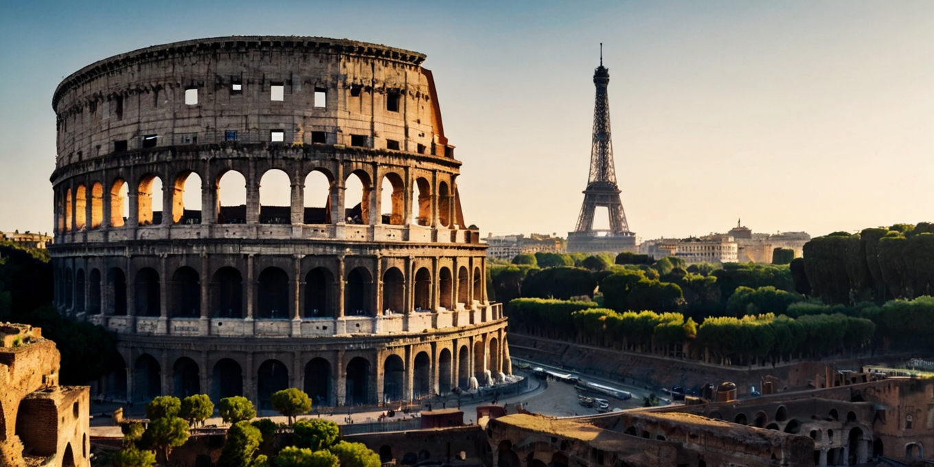 Colosseum Eiffel Tower Sunset Scene