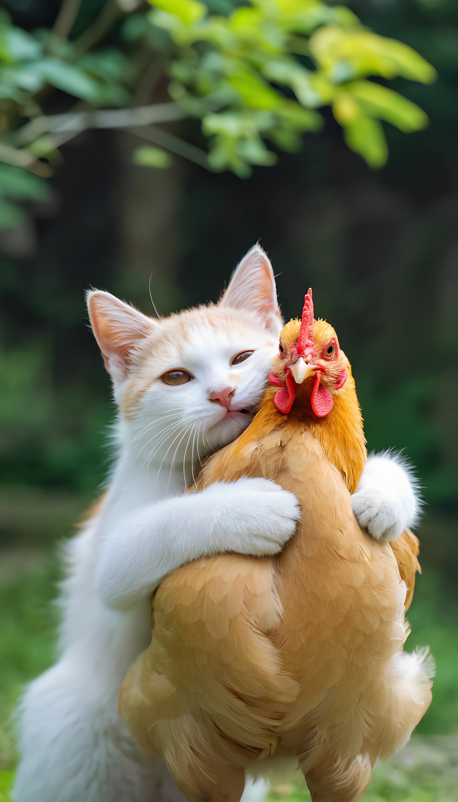 Kitten Hugging Golden Hen
