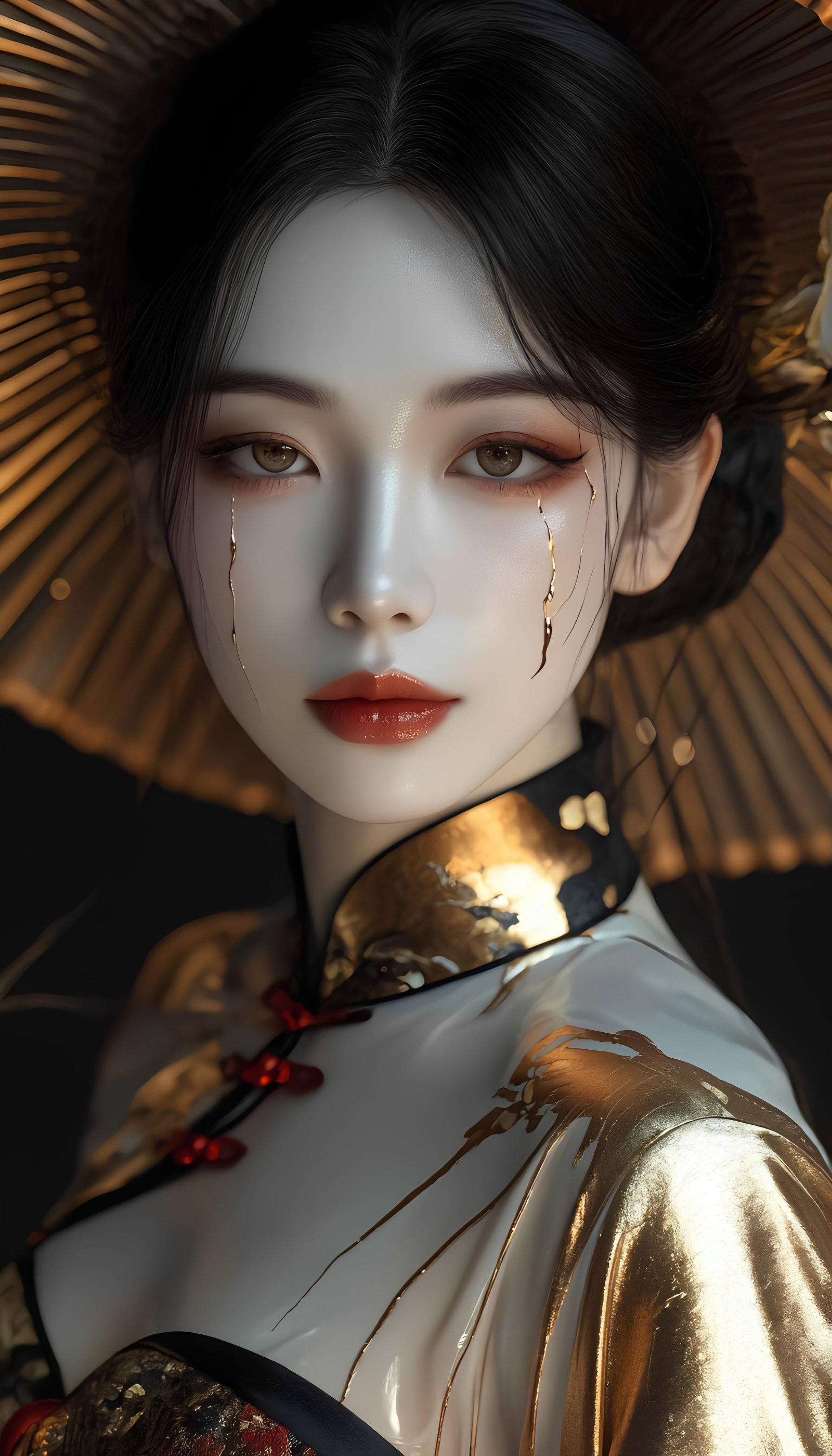 Woman White Gold Qipao Portrait
