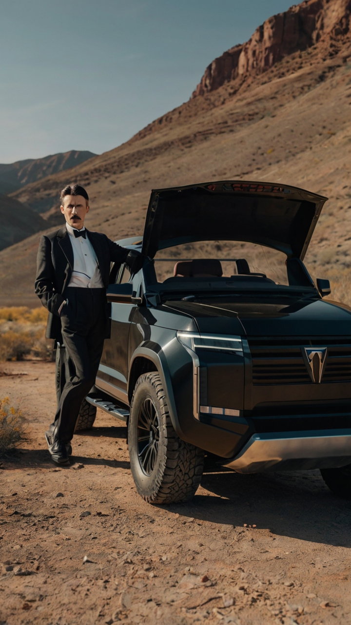 Nikola Tesla Beside Tesla Electric Vehicle 2