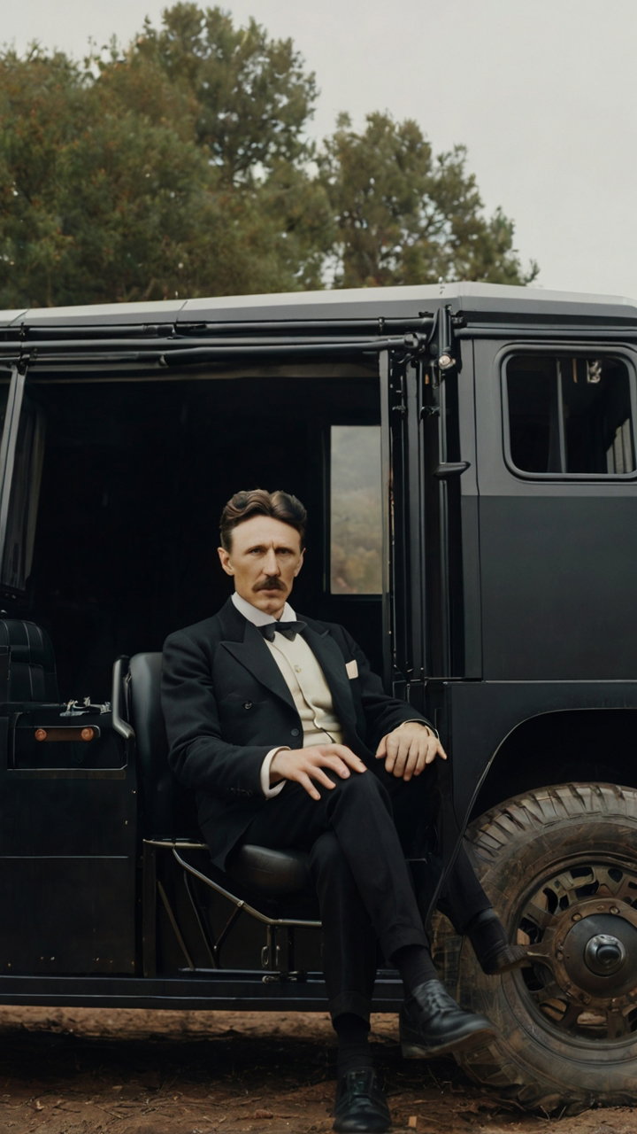Nikola Tesla Beside Tesla Electric Vehicle 3