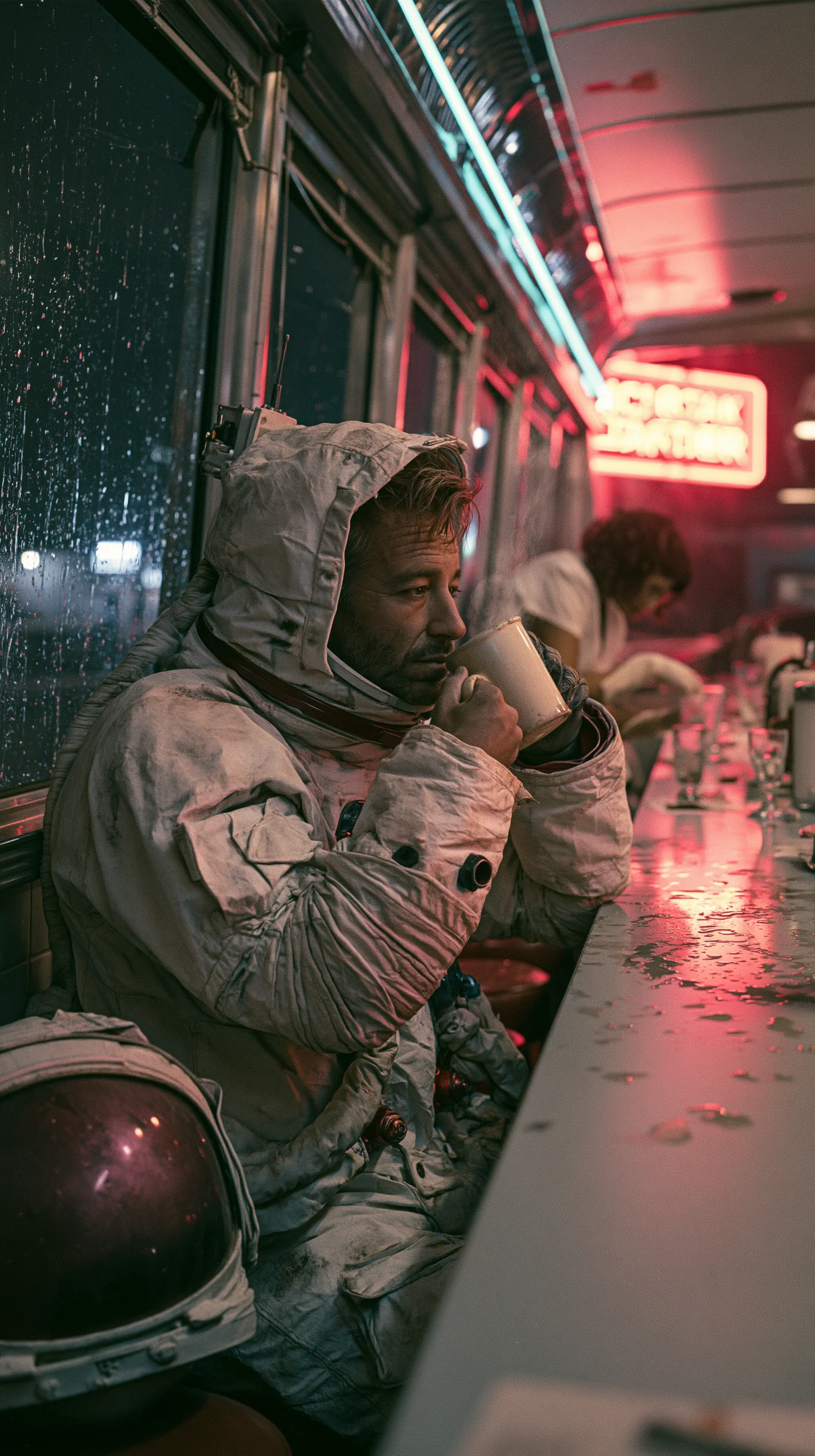 Astronaut Drinking Coffee Neon Diner 2