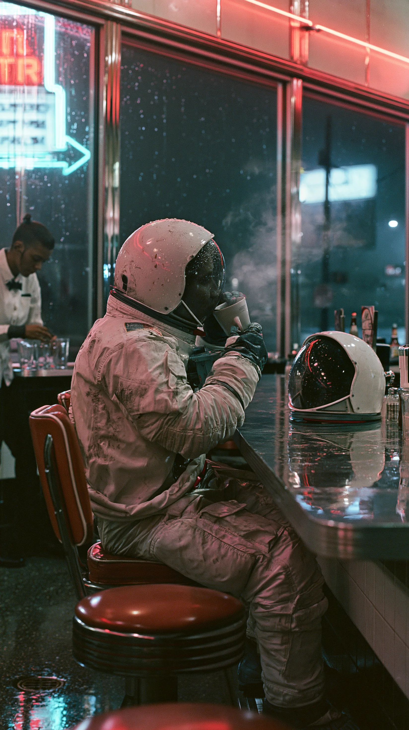 Astronaut Drinking Coffee Neon Diner 3