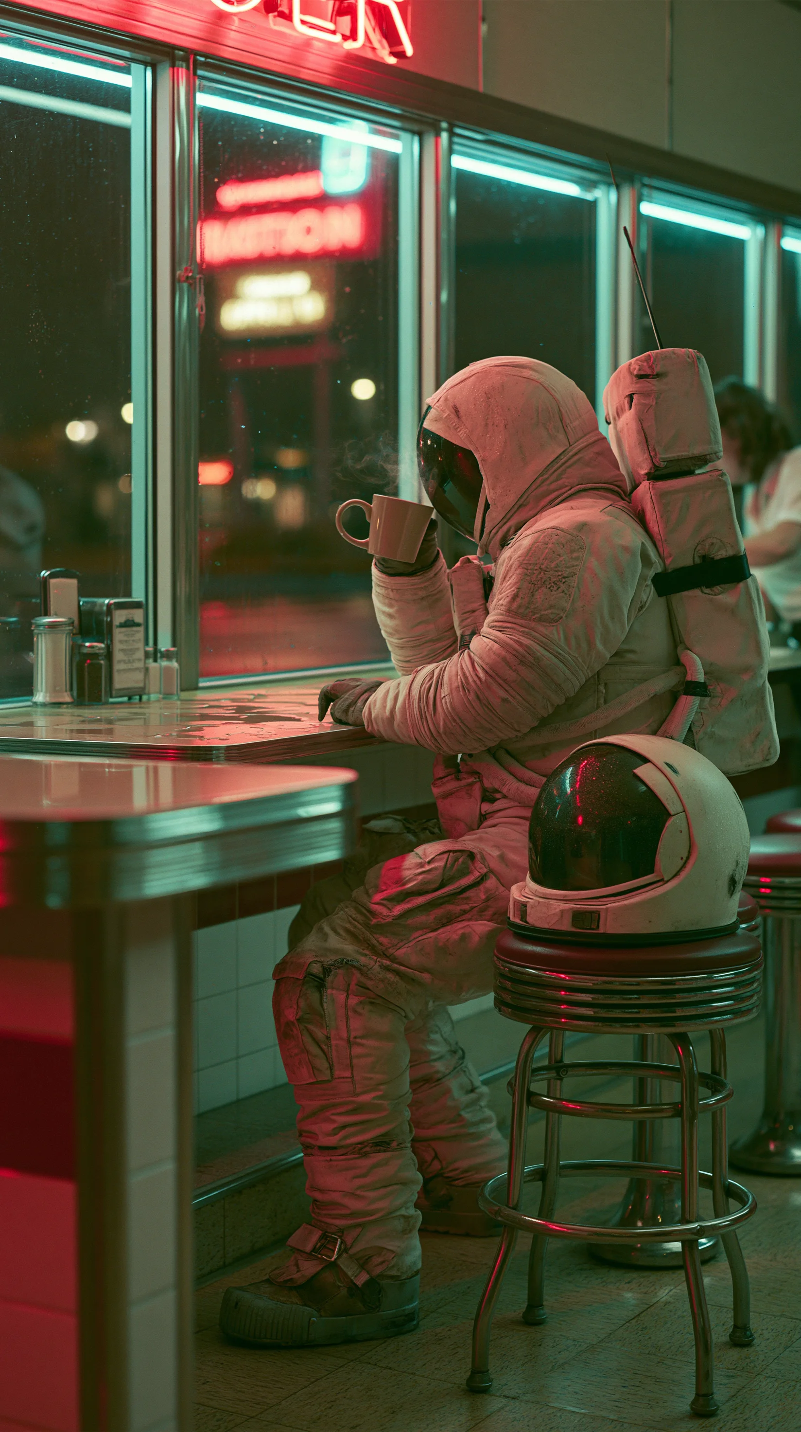 Astronaut Drinking Coffee Neon Diner 4